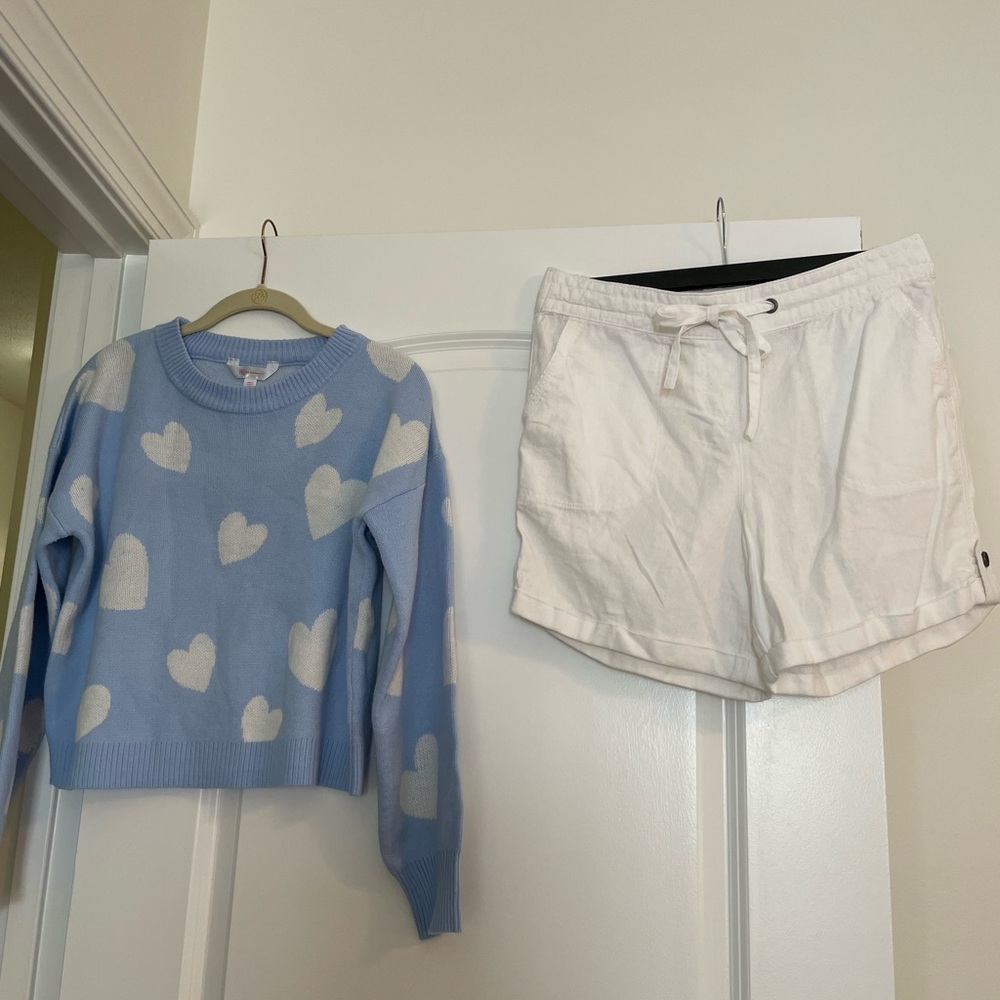 Blue Heart Sweater and White Shorts Set